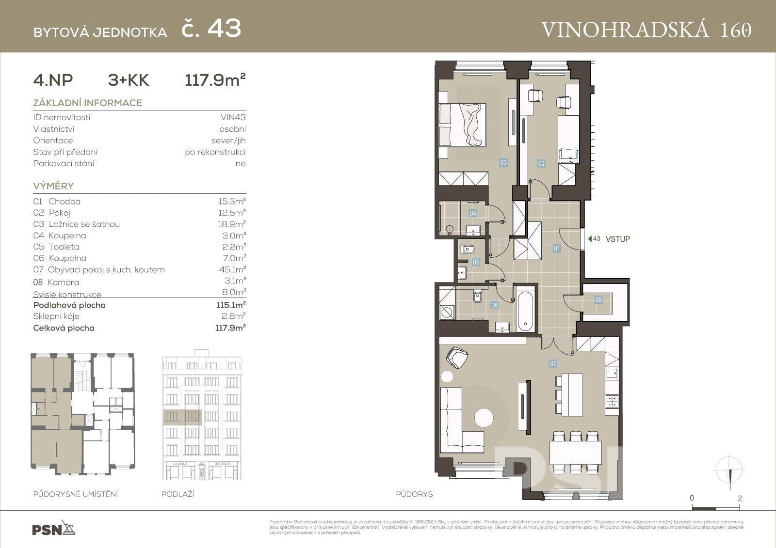 3+kk, Vinohradská, Praha, 115 m²
