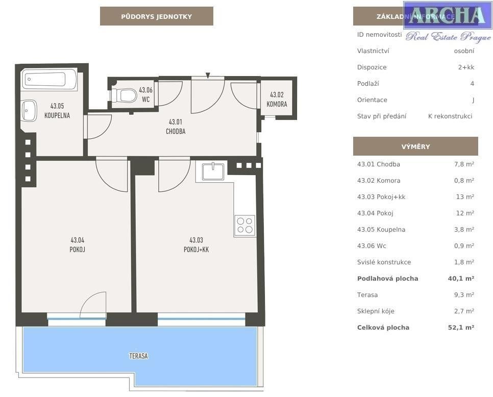 2+kk, Ješetická, Praha, 52 m²
